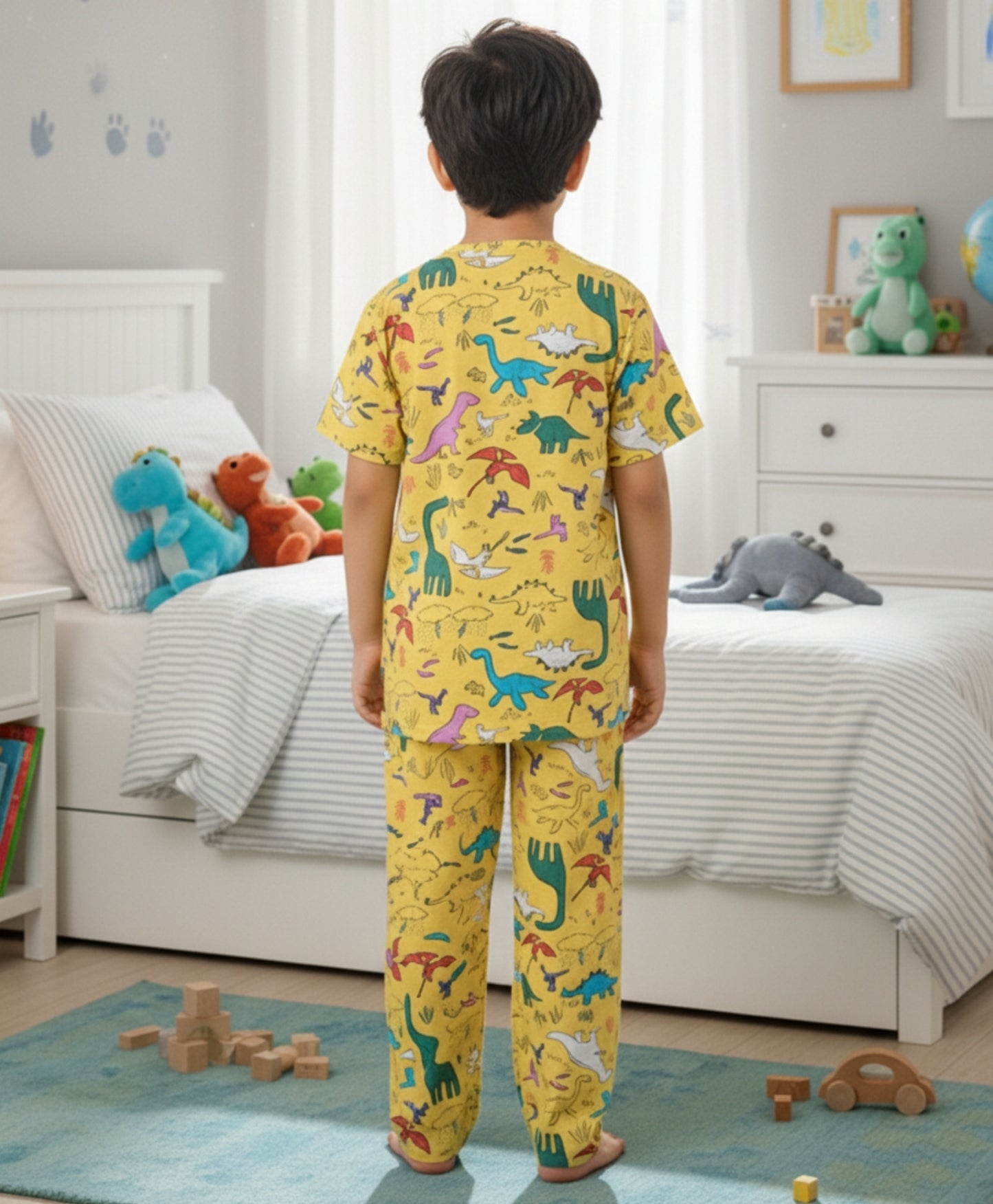 RAINING DINOSAUR SHORT SLEEVE  PYJAMA SET - YELLOW