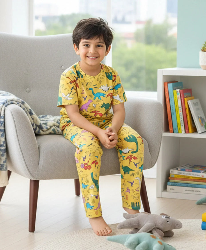 RAINING DINOSAUR SHORT SLEEVE  PYJAMA SET - YELLOW - Anthrilo 