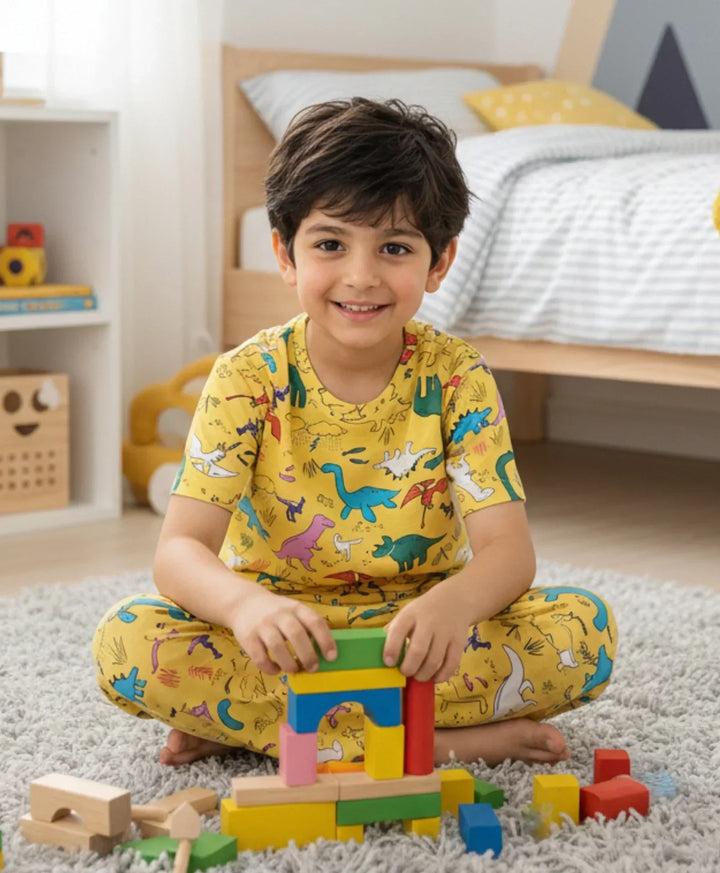 RAINING DINOSAUR SHORT SLEEVE  PYJAMA SET - YELLOW - Anthrilo 