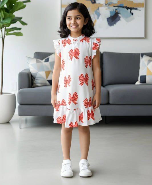 BOW PINK FRILL SUMMER DRESS - OFF WHITE - Anthrilo 