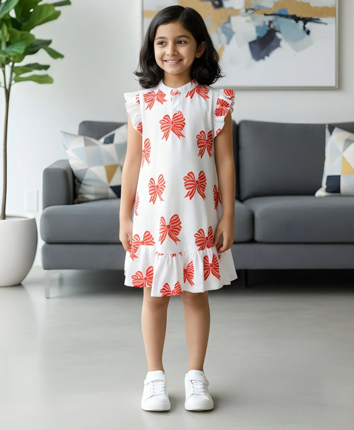 BOW PINK FRILL SUMMER DRESS - OFF WHITE - Anthrilo 