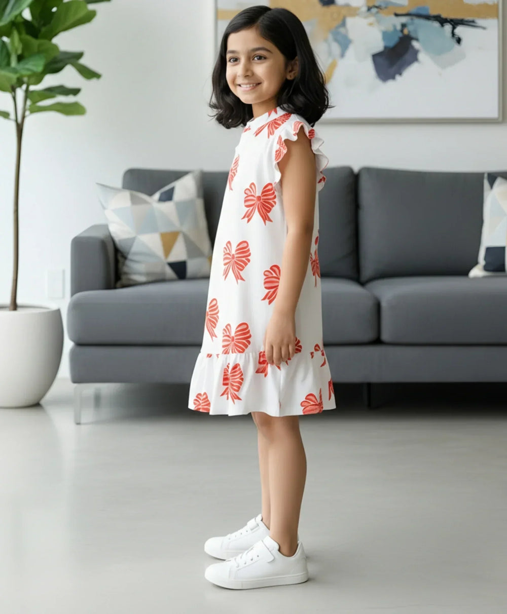 BOW PINK FRILL SUMMER DRESS - OFF WHITE - Anthrilo 