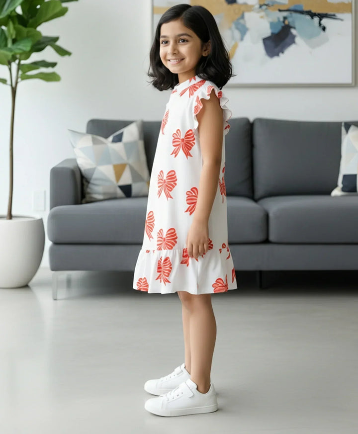 BOW PINK FRILL SUMMER DRESS - OFF WHITE - Anthrilo 
