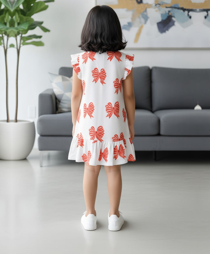 Pink Bow Frill Summer Dress - Off White