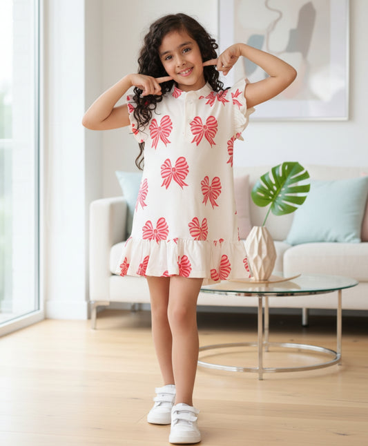 BOW PINK FRILL SUMMER DRESS - OFF WHITE