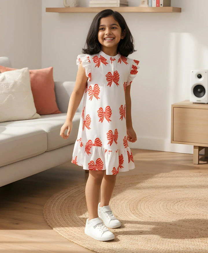 BOW PINK FRILL SUMMER DRESS - OFF WHITE - Anthrilo 