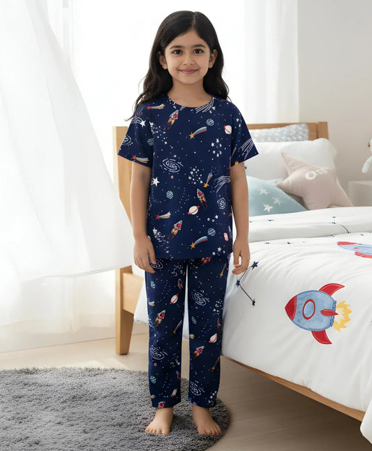 SOLAR DREAMS GIRLS SHORT SLEEVE PYJAMA SET - NAVY