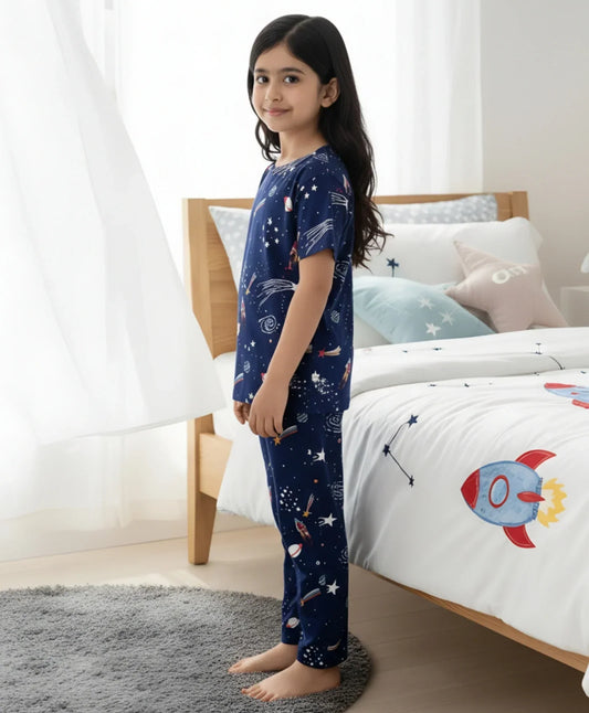 SOLAR DREAMS GIRLS SHORT SLEEVE PYJAMA SET - NAVY