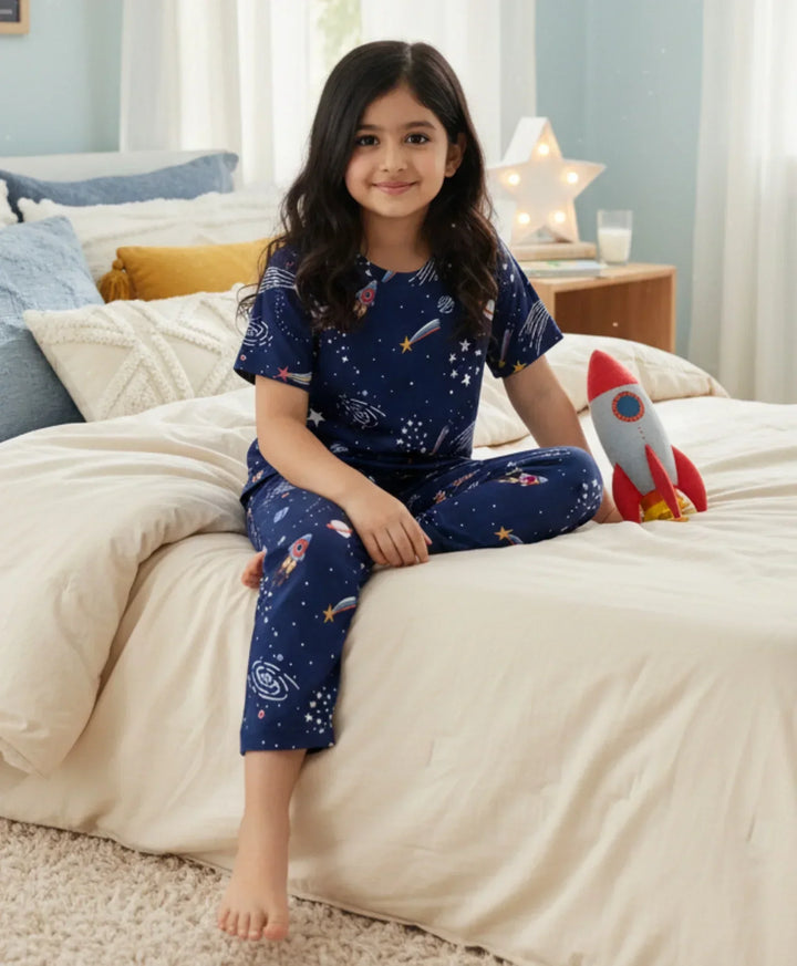 Solar Dreams Girls Short Sleeve Pyjama Set - Navy