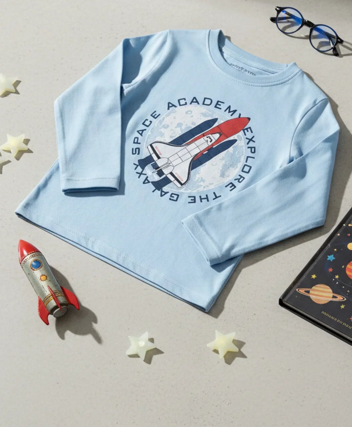 SPACE ROCKET PRINT BOYS LONG SLEEVE T-SHIRT - SKY - Anthrilo 