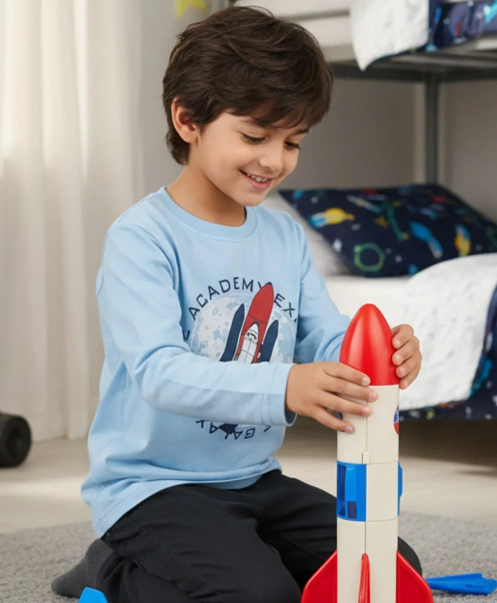 SPACE ROCKET PRINT BOYS LONG SLEEVE T-SHIRT - SKY - Anthrilo 