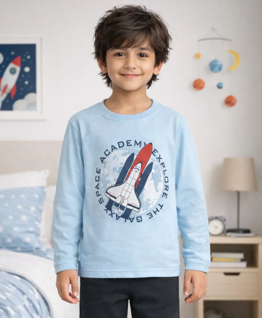 SPACE ROCKET PRINT BOYS LONG SLEEVE T-SHIRT - SKY - Anthrilo 