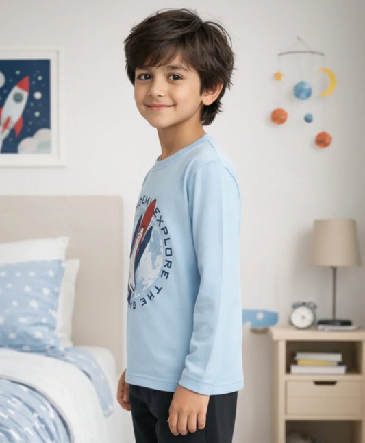 SPACE ROCKET PRINT BOYS LONG SLEEVE T-SHIRT - SKY - Anthrilo 