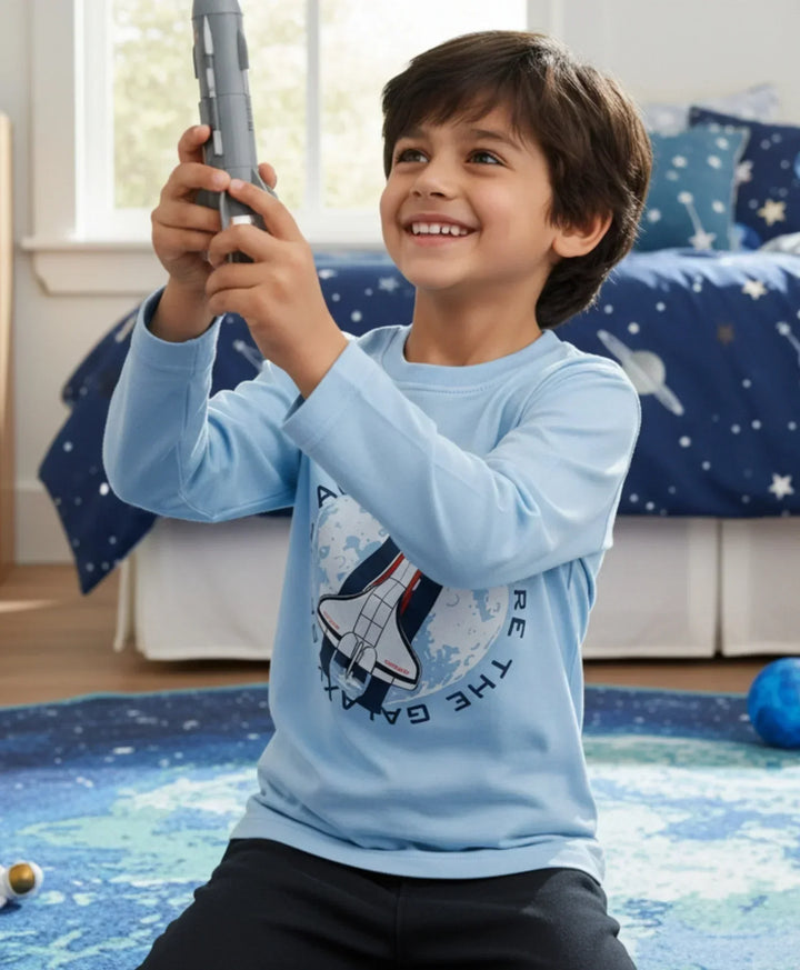 SPACE ROCKET PRINT BOYS LONG SLEEVE T-SHIRT - SKY - Anthrilo 