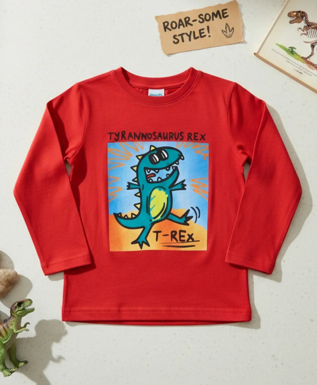 T-REX PRINT BOYS LONG SLEEVE T-SHIRT - RED - Anthrilo 