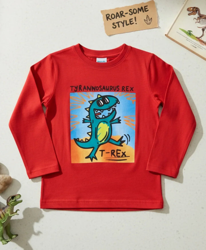 T-REX PRINT BOYS LONG SLEEVE T-SHIRT - RED - Anthrilo 
