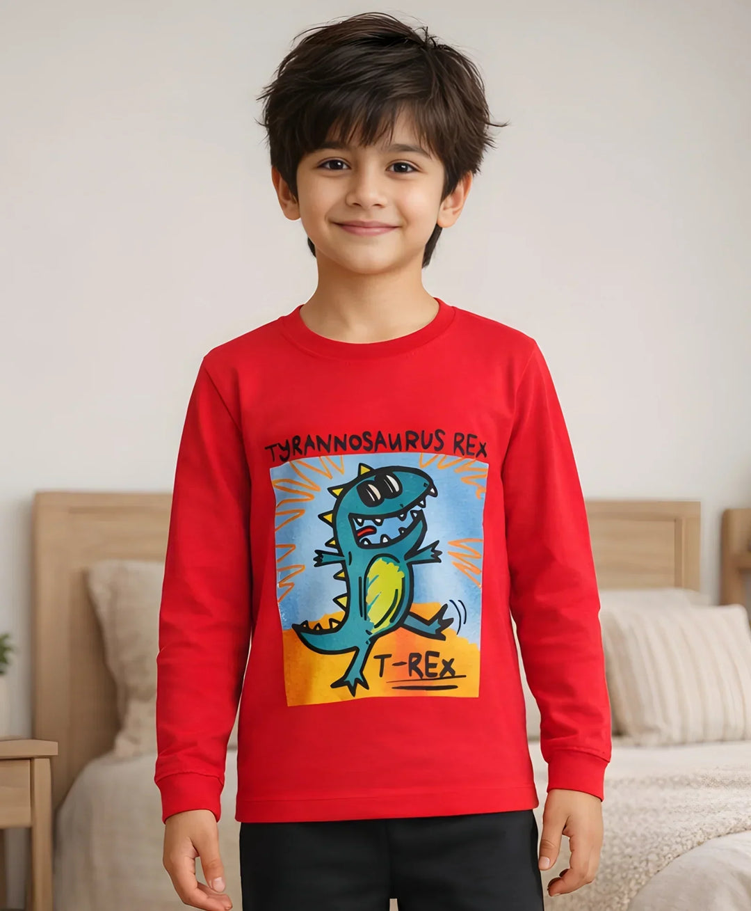 T-REX PRINT BOYS LONG SLEEVE T-SHIRT - RED - Anthrilo 