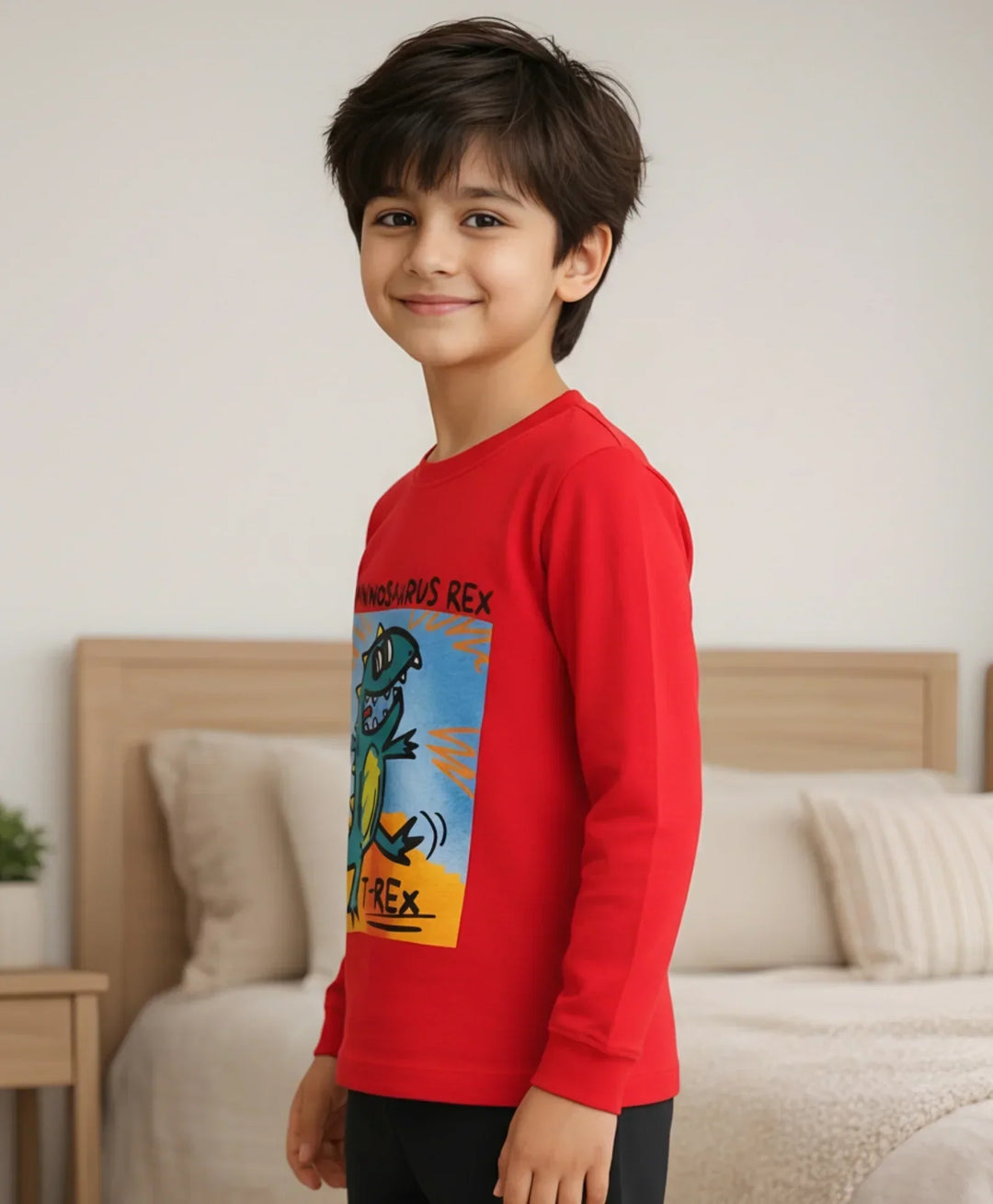T-REX PRINT BOYS LONG SLEEVE T-SHIRT - RED - Anthrilo 