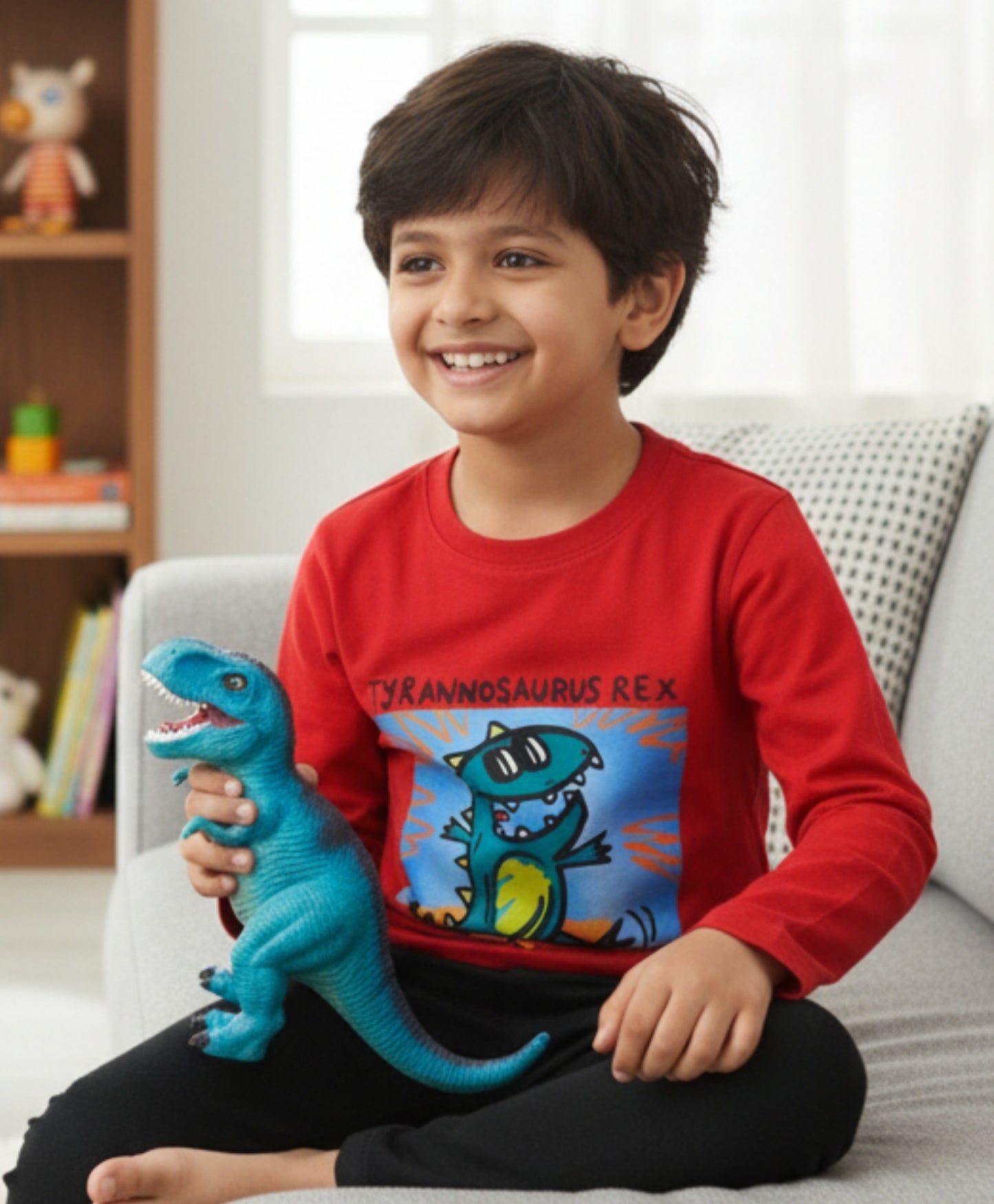 T-REX PRINT BOYS LONG SLEEVE T-SHIRT - RED