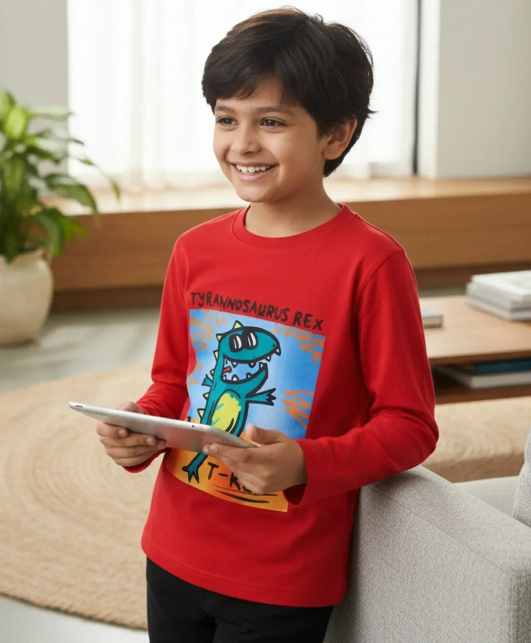 T-REX PRINT BOYS LONG SLEEVE T-SHIRT - RED - Anthrilo 