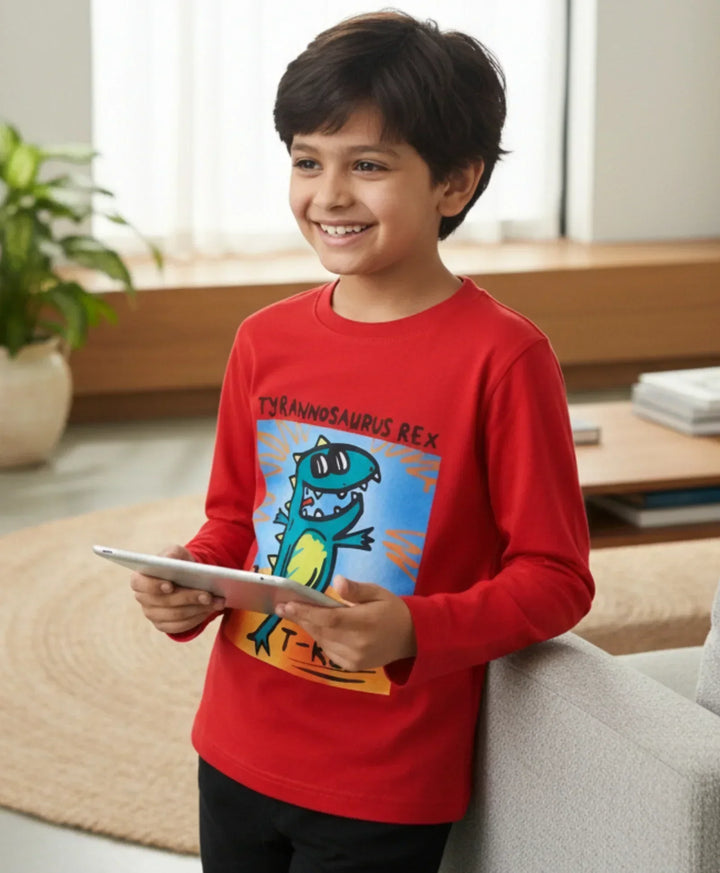 T-REX PRINT BOYS LONG SLEEVE T-SHIRT - RED - Anthrilo 