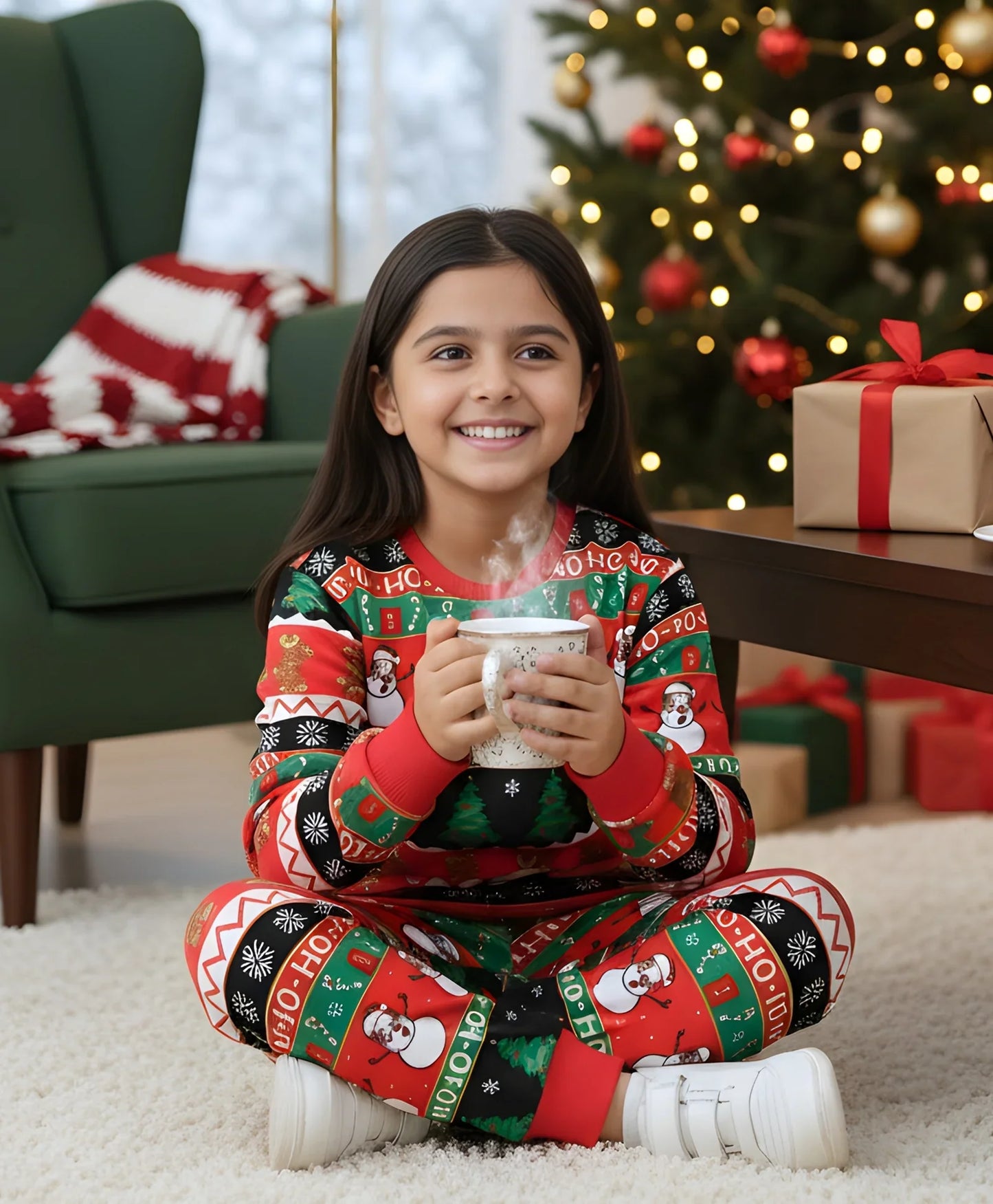 CHRISTMAS PRINT GIRLS FLEECE SWEATSHIRT JOGGER SET - RED