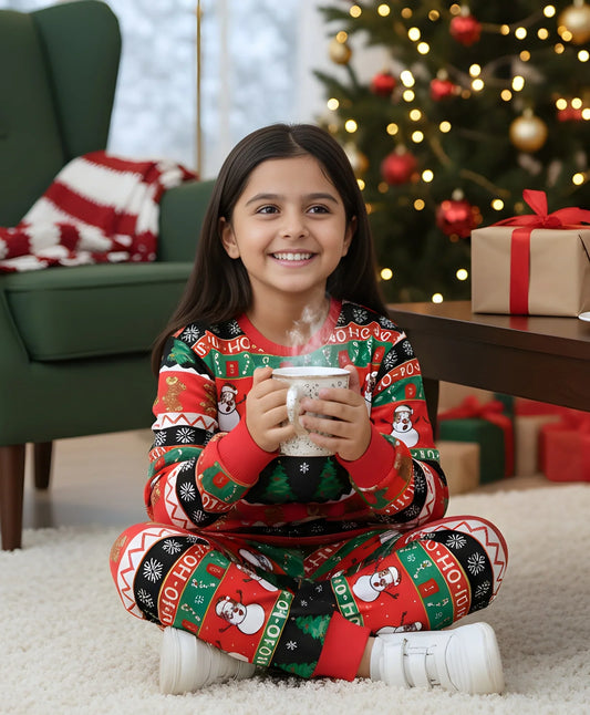 CHRISTMAS PRINT GIRLS FLEECE SWEATSHIRT JOGGER SET - RED