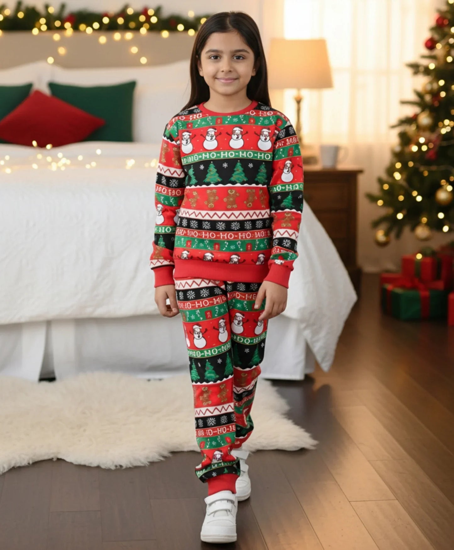 CHRISTMAS PRINT GIRLS FLEECE SWEATSHIRT JOGGER SET - RED