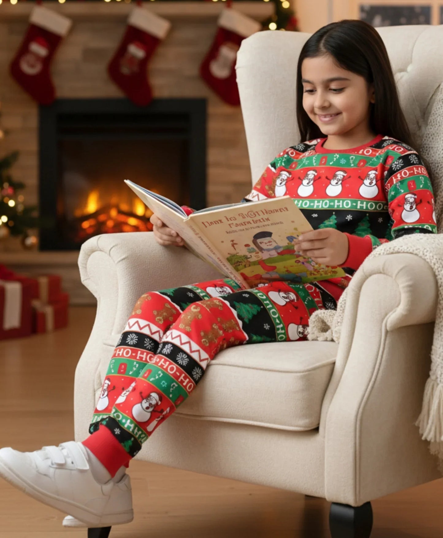 CHRISTMAS PRINT GIRLS FLEECE SWEATSHIRT JOGGER SET - RED