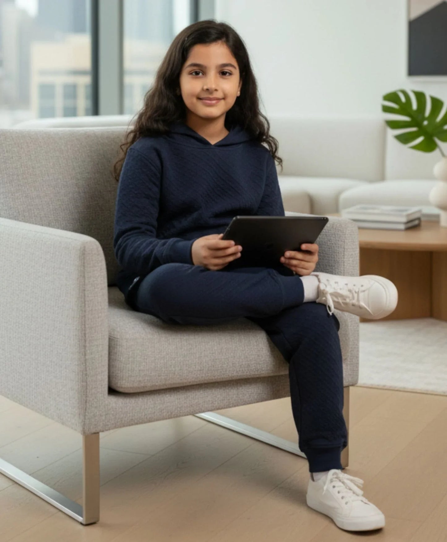 MINIMAL ESSENTIALS GIRLS FLEECE HOODIE JOGGER SET - NAVY