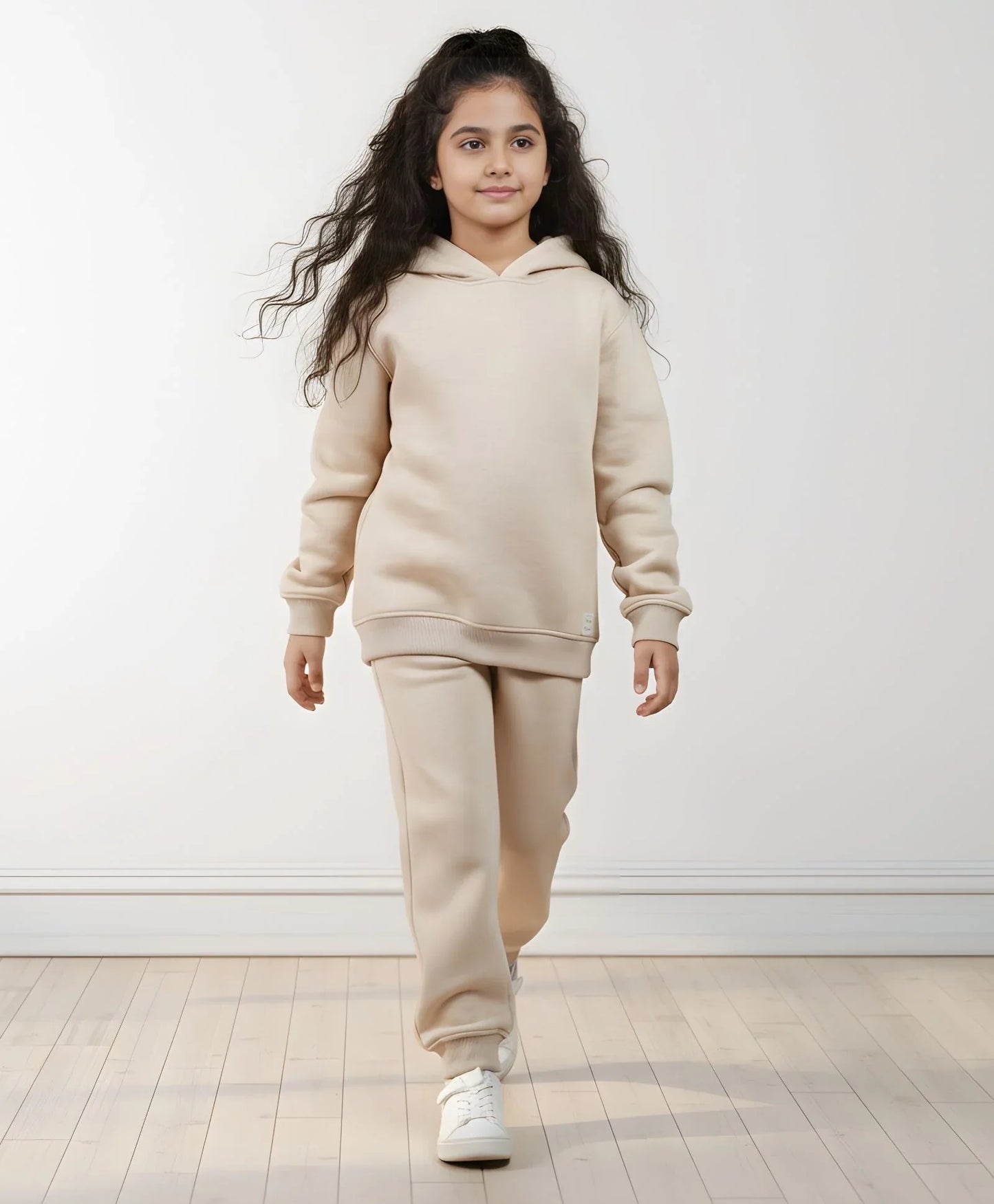 NEW ESSENTIALS GIRLS FLEECE HOODIE JOGGER SET - BEIGE