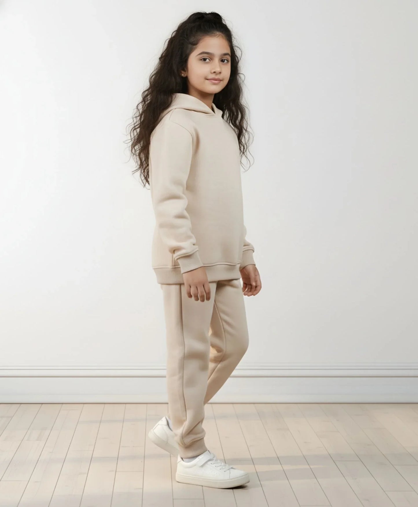 NEW ESSENTIALS GIRLS FLEECE HOODIE JOGGER SET - BEIGE
