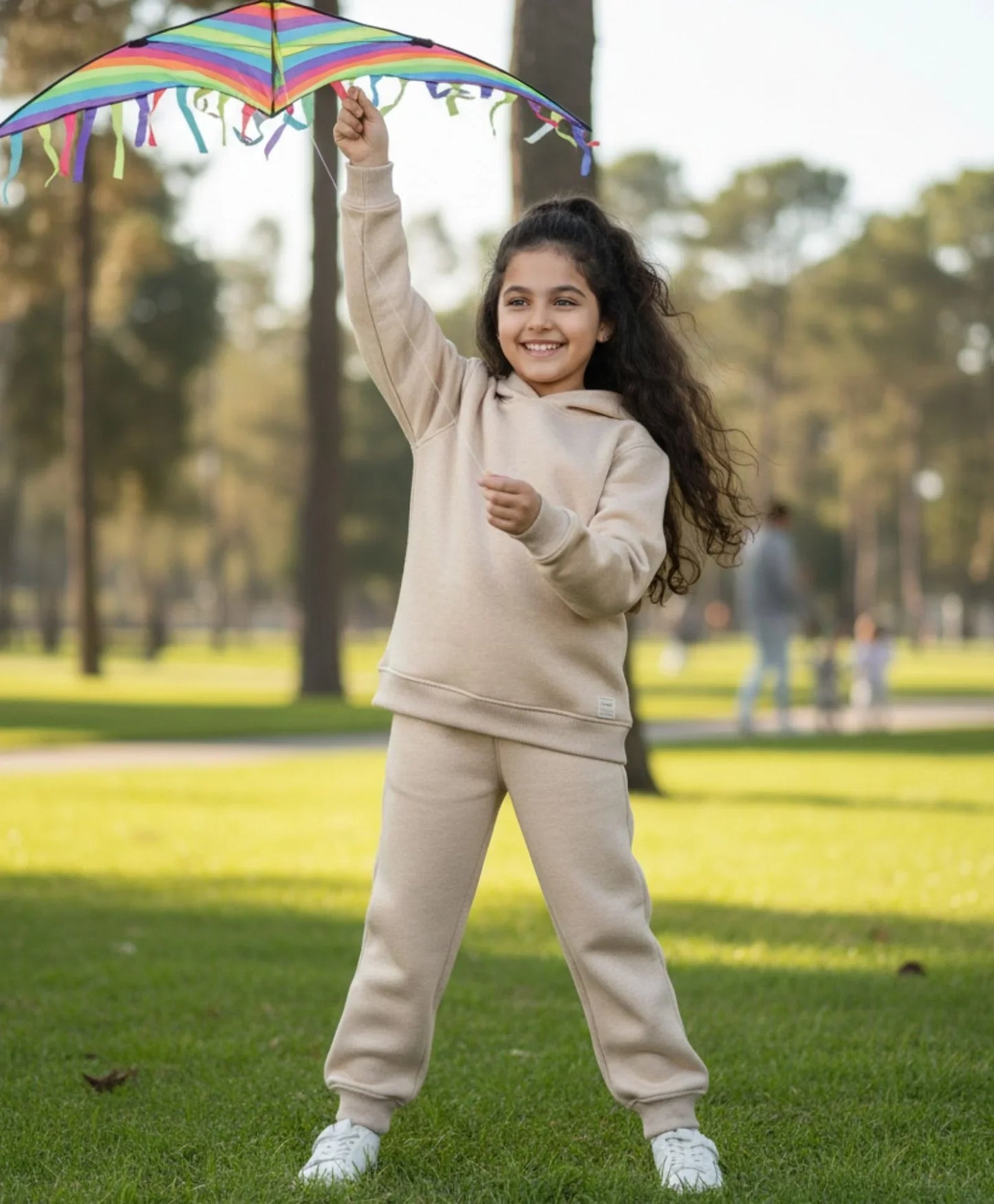 NEW ESSENTIALS GIRLS FLEECE HOODIE JOGGER SET - BEIGE