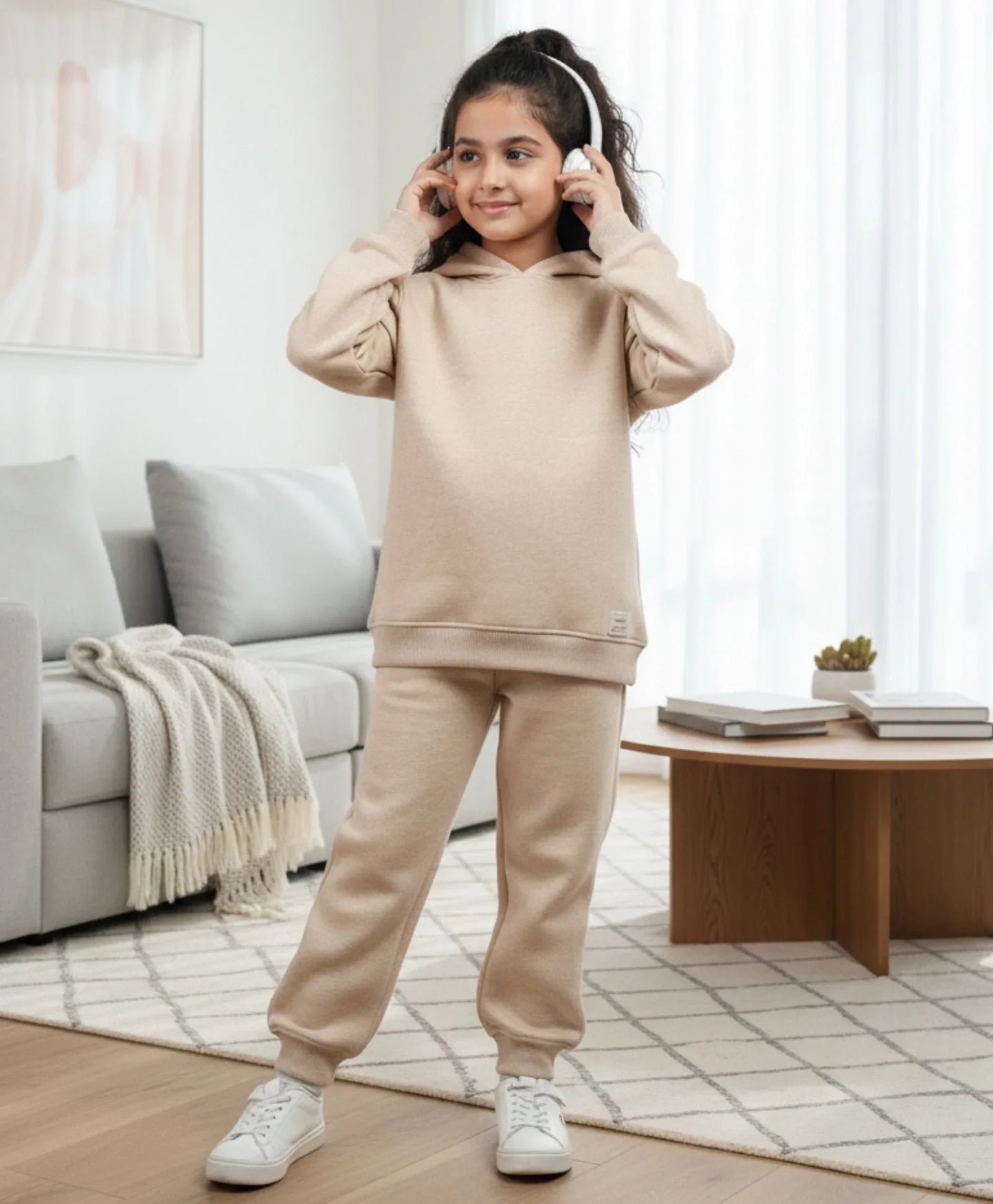 NEW ESSENTIALS GIRLS FLEECE HOODIE JOGGER SET - BEIGE