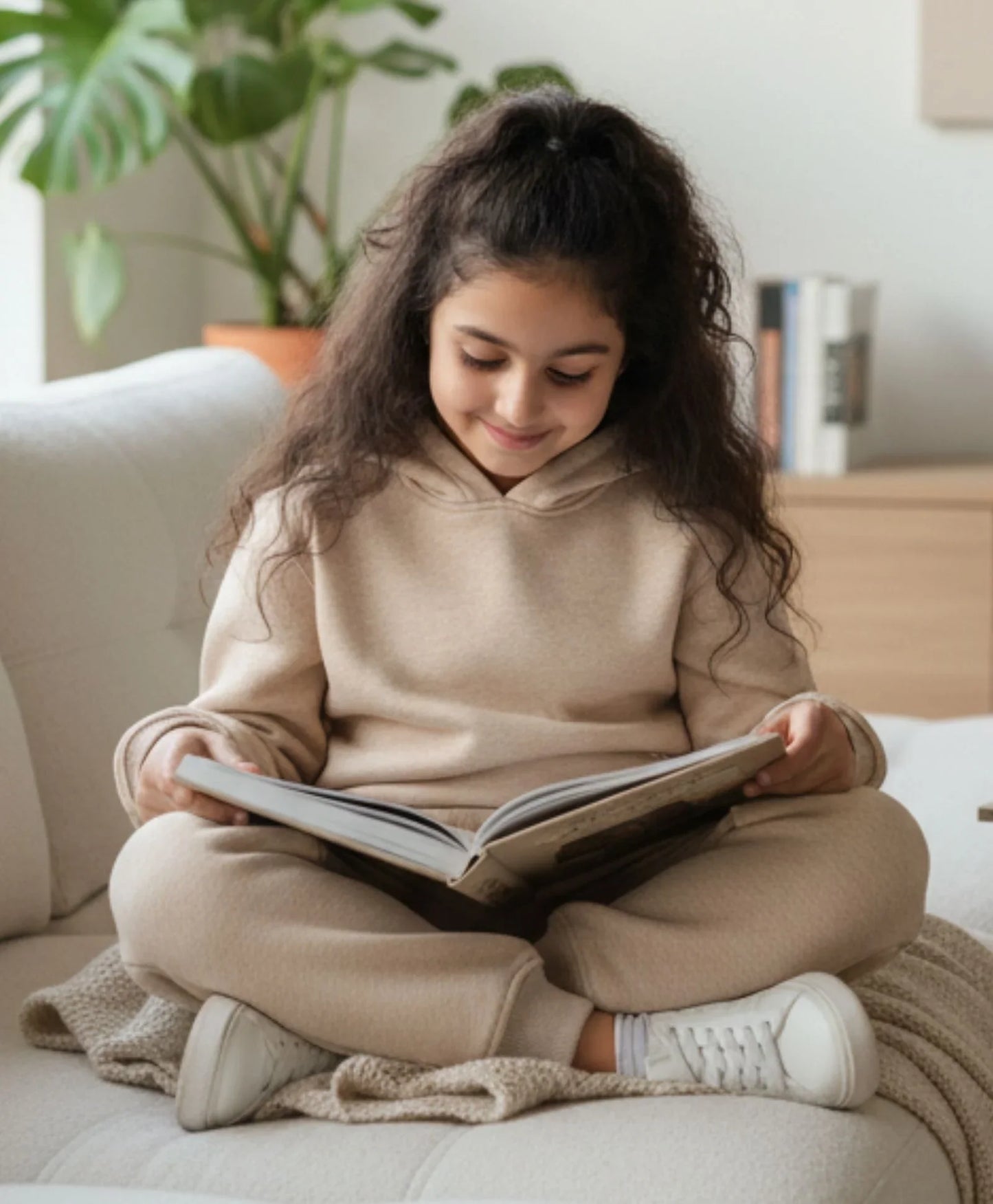 NEW ESSENTIALS GIRLS FLEECE HOODIE JOGGER SET - BEIGE