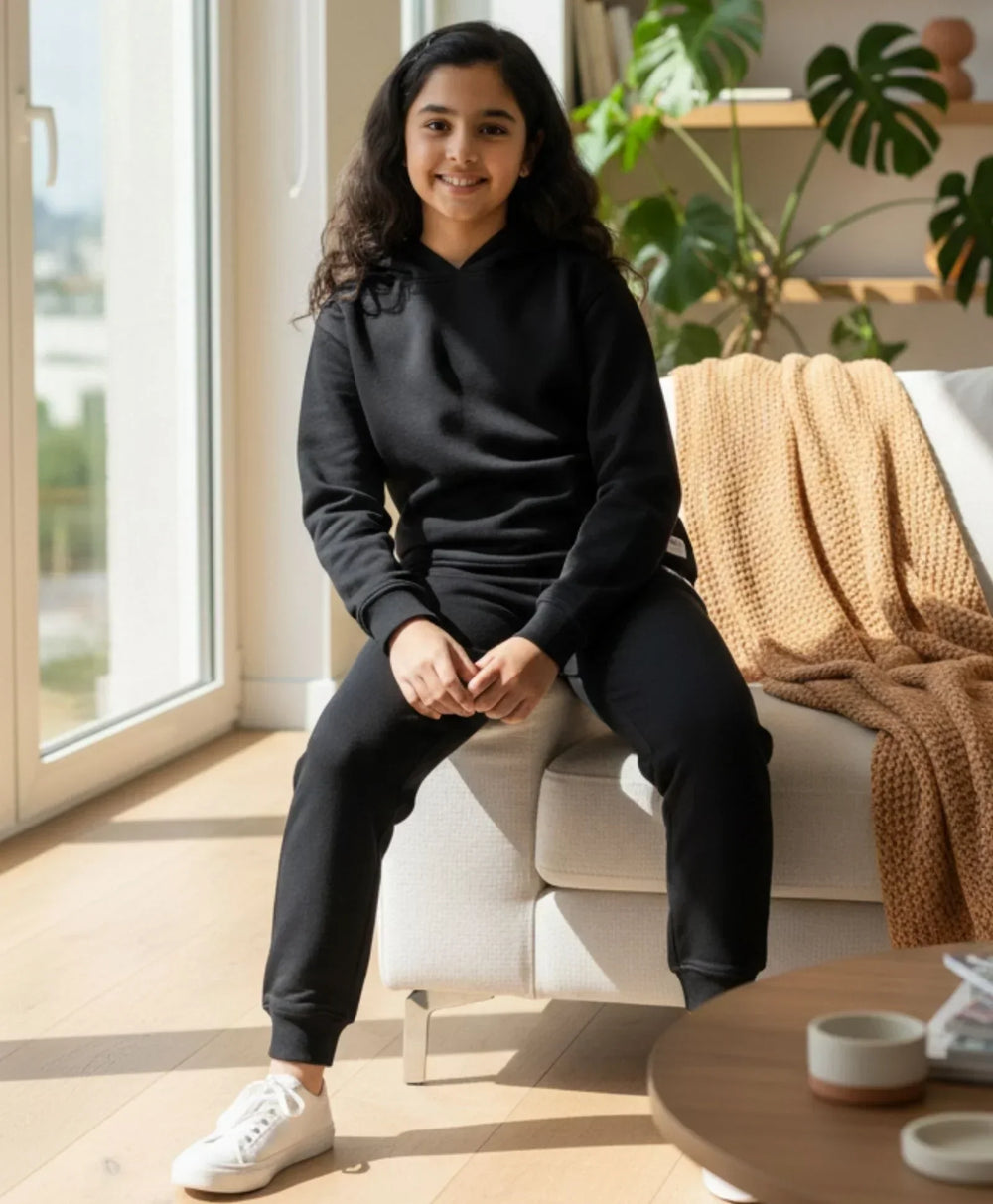 REBEL ESSENTIALS GIRLS FLEECE HOODIE JOGGER SET - BLACK - Anthrilo 