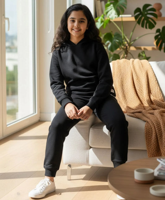 REBEL ESSENTIALS GIRLS FLEECE HOODIE JOGGER SET - BLACK