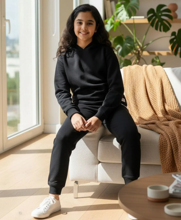 REBEL ESSENTIALS GIRLS FLEECE HOODIE JOGGER SET - BLACK - Anthrilo 