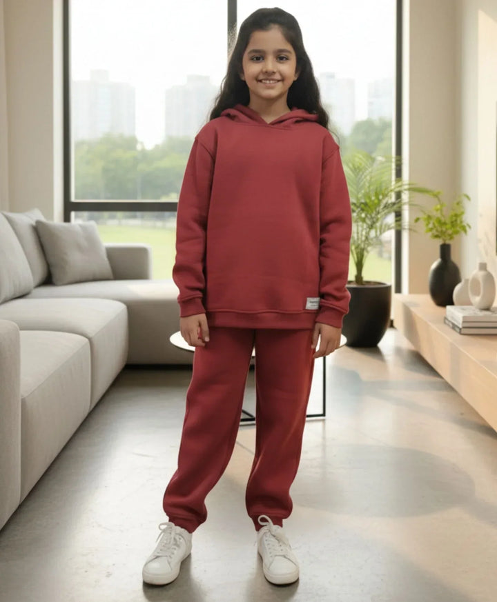 BEYOND BASIC GIRLS FLEECE HOODIE JOGGER SET - WINE - Anthrilo 