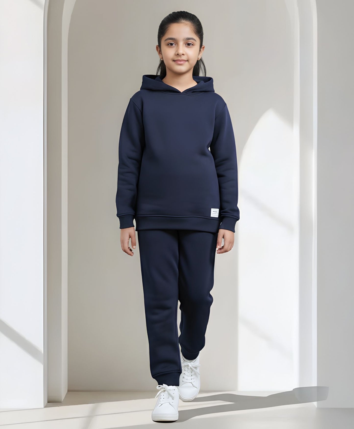 UNBOUND ESSENTIALS GIRLS FLEECE HOODIE JOGGER SET - NAVY