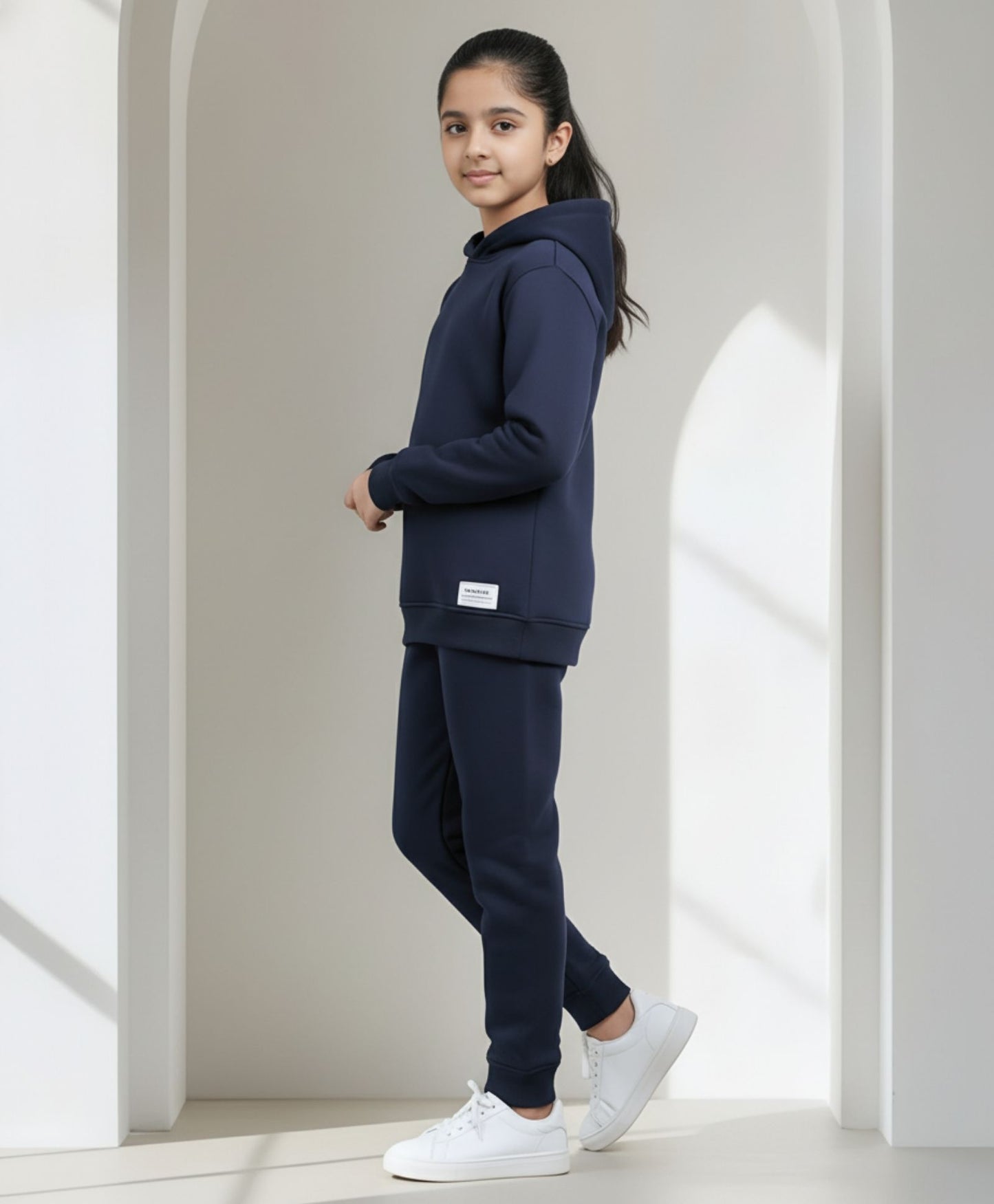 UNBOUND ESSENTIALS GIRLS FLEECE HOODIE JOGGER SET - NAVY