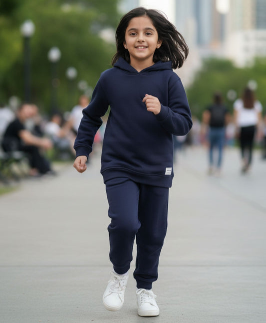 UNBOUND ESSENTIALS GIRLS FLEECE HOODIE JOGGER SET - NAVY