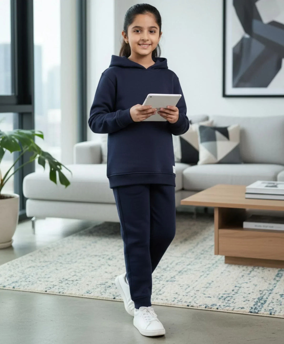 UNBOUND ESSENTIALS GIRLS FLEECE HOODIE JOGGER SET - NAVY - Anthrilo 