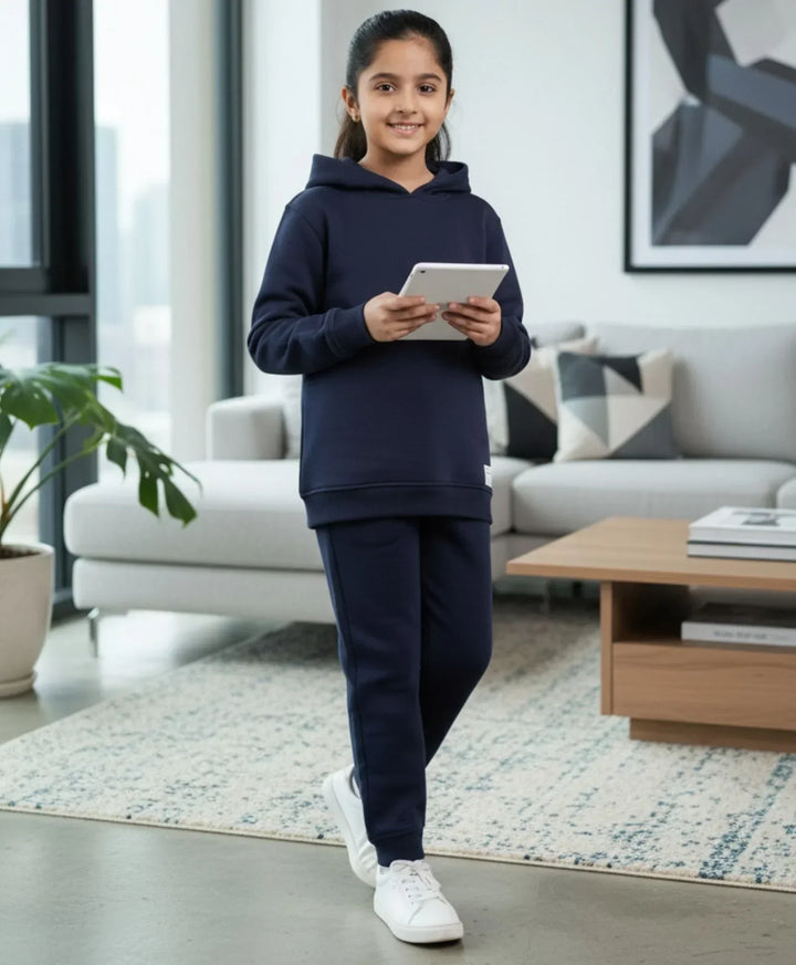UNBOUND ESSENTIALS GIRLS FLEECE HOODIE JOGGER SET - NAVY - Anthrilo 