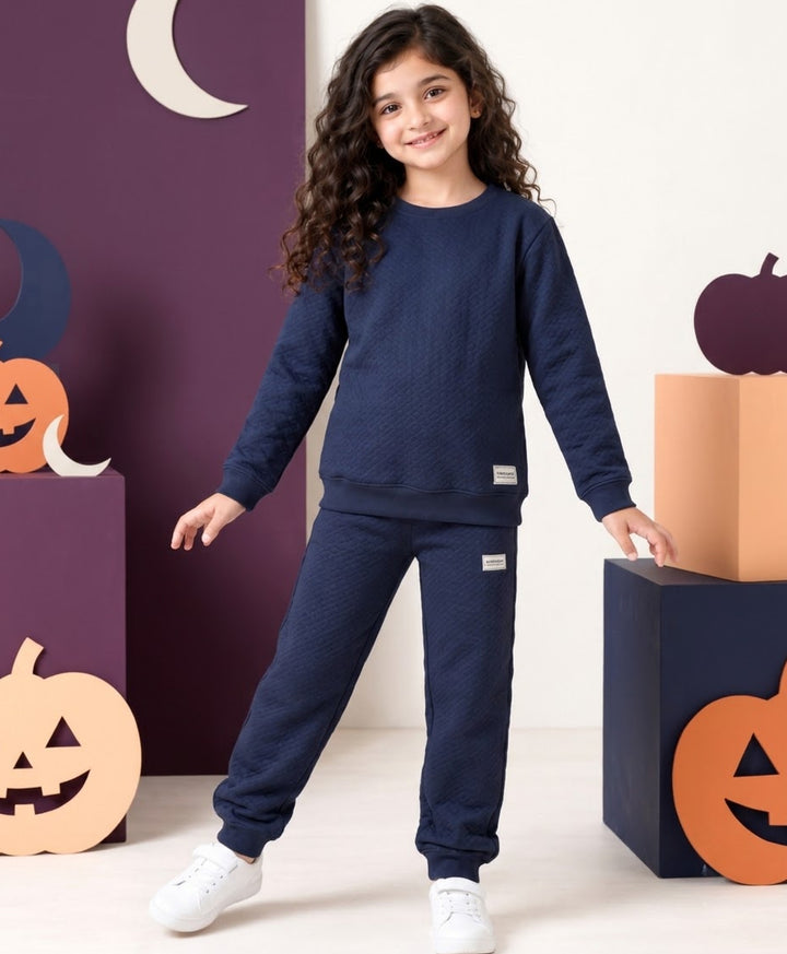 MINIMAL ESSENTIALS GIRLS FLEECE SWEATSHIRT JOGGER SET - NAVY
