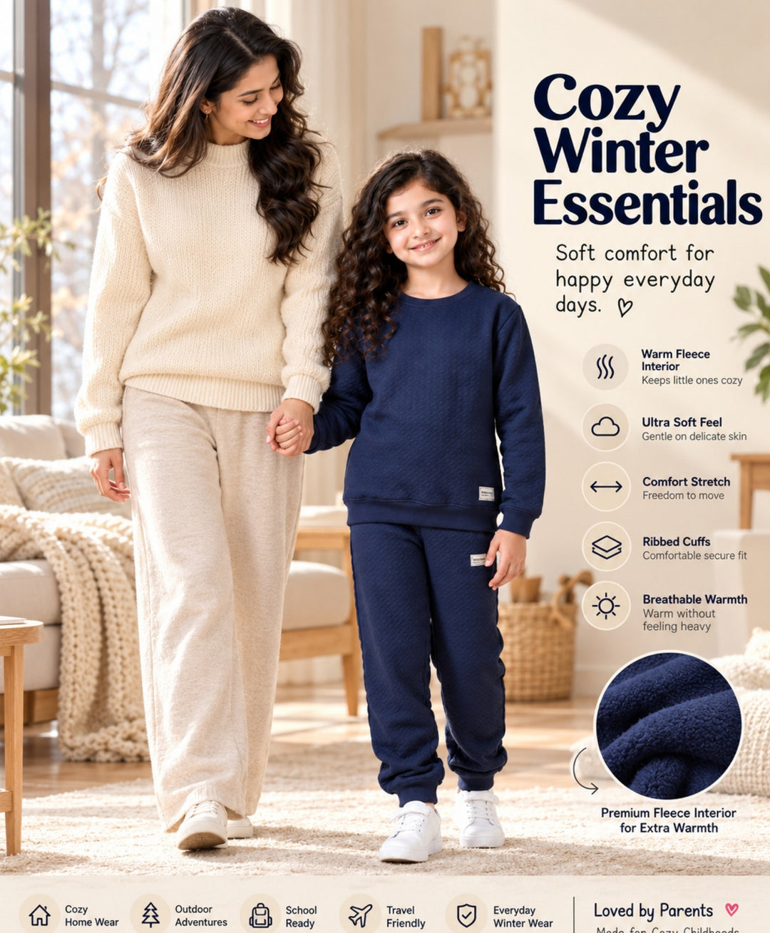 MINIMAL ESSENTIALS GIRLS FLEECE SWEATSHIRT JOGGER SET - NAVY