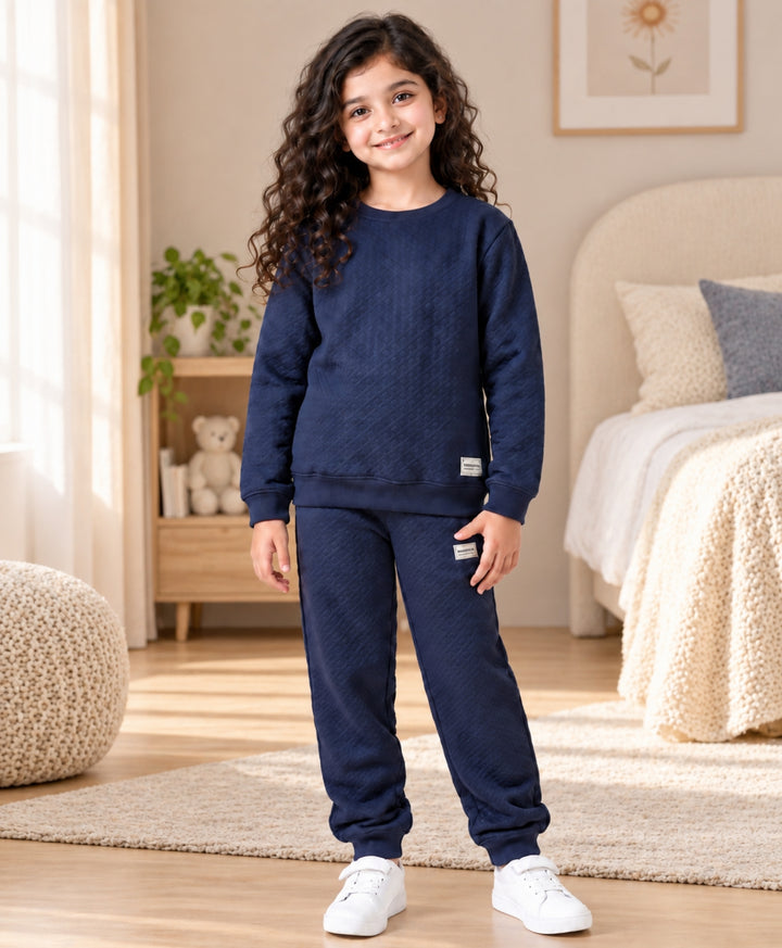 MINIMAL ESSENTIALS GIRLS FLEECE SWEATSHIRT JOGGER SET - NAVY