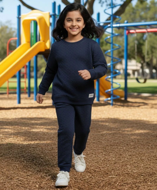 MINIMAL ESSENTIALS GIRLS FLEECE SWEATSHIRT JOGGER SET - NAVY