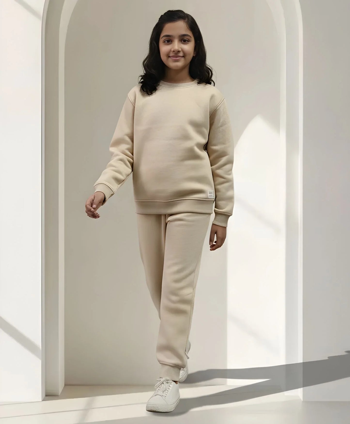 NEW ESSENTIALS GIRLS FLEECE SWEATSHIRT JOGGER SET - BEIGE