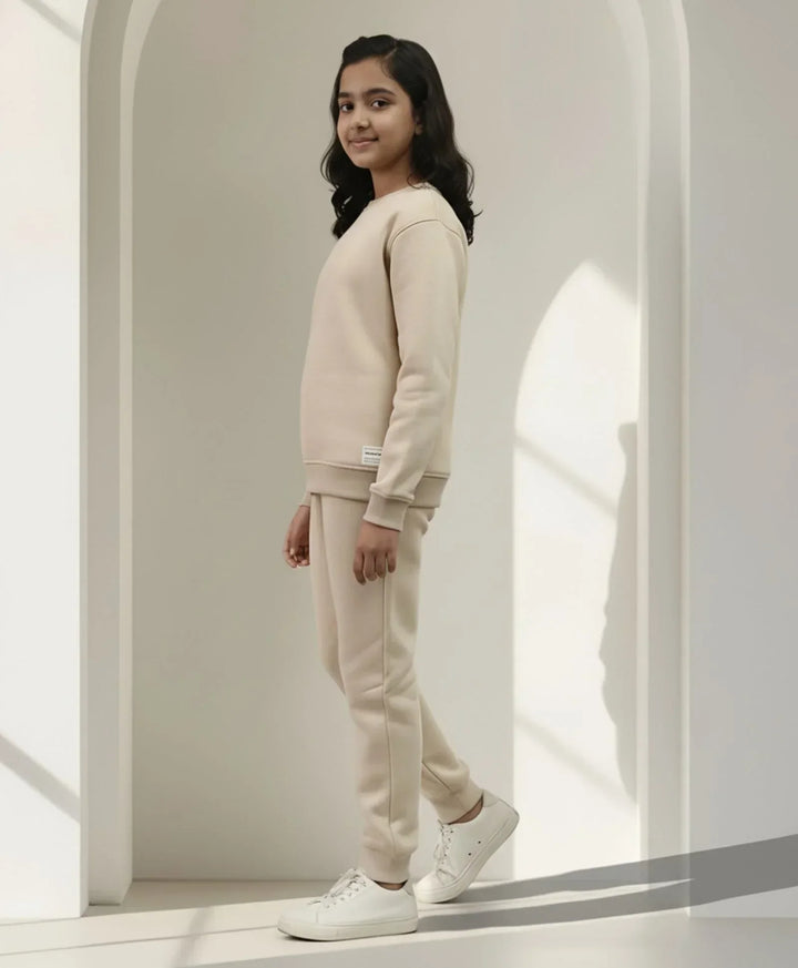 NEW ESSENTIALS GIRLS FLEECE SWEATSHIRT JOGGER SET - BEIGE - Anthrilo 